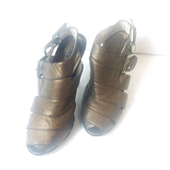 Michael Kors Womens Sz 6M Bronze Leather Peep Toe Wrap Stiletto Heels Sling Back - Picture 3 of 10